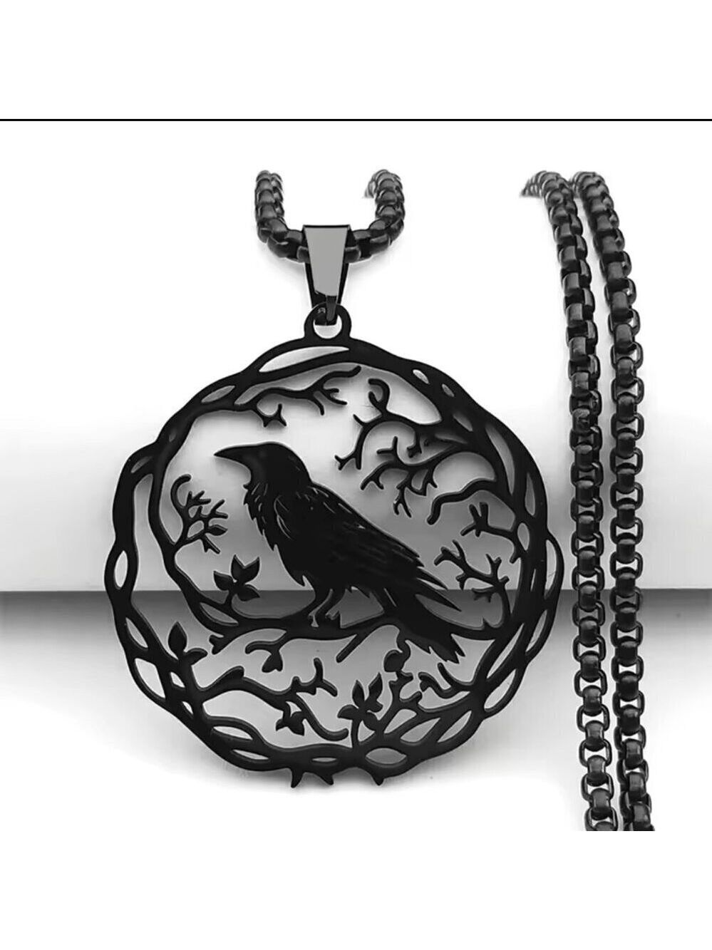 Black Gothic Celtic Norse Raven Pendant Necklace #1529